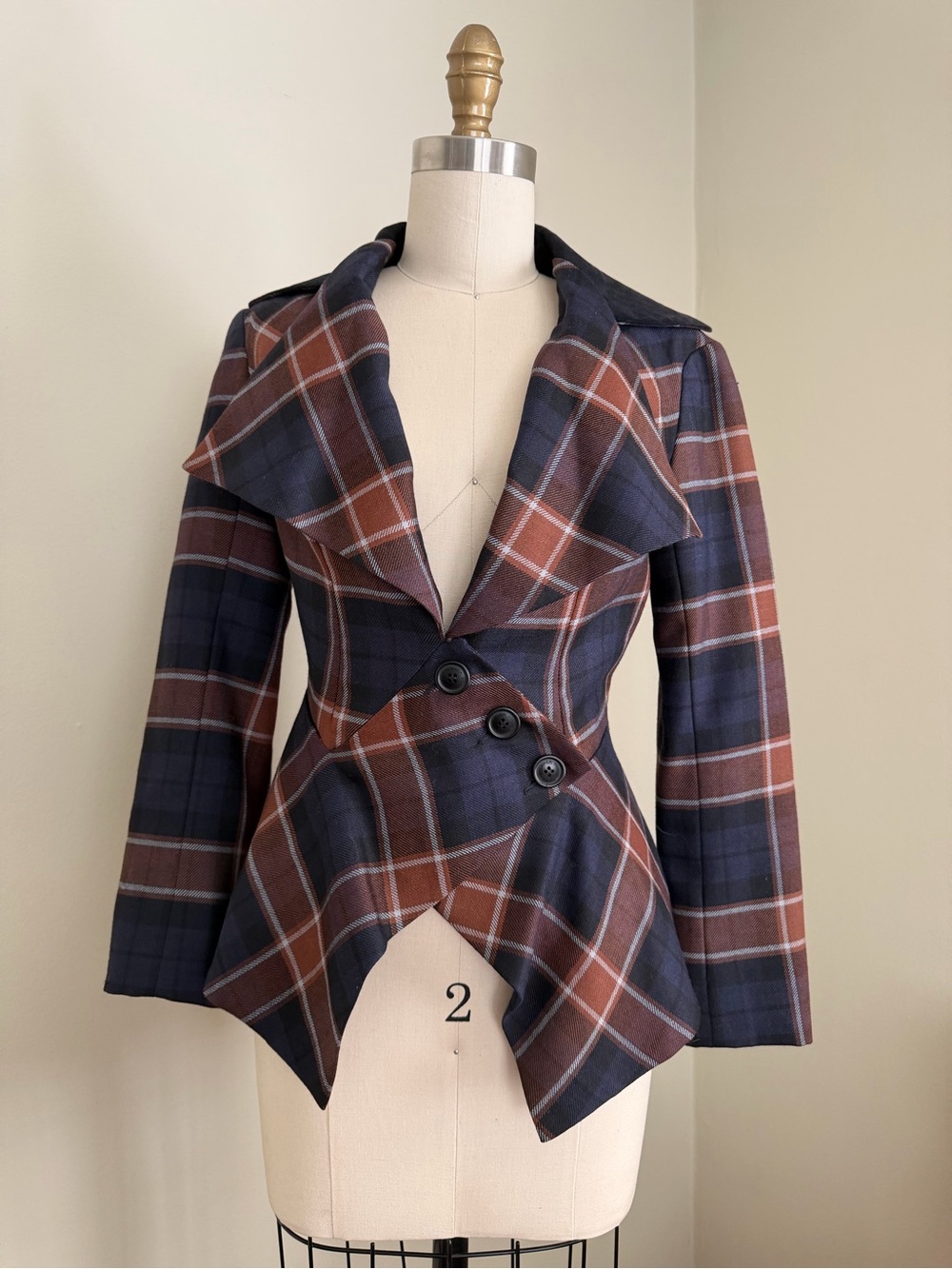 Vivienne Westwood Anglomania Tailored Plaid Peplum Blazer in Navy and Brown
